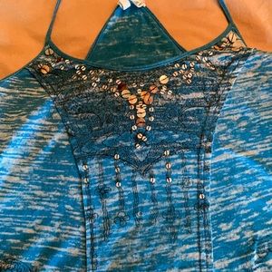 Free people blue acid wash paisley design sequin tank